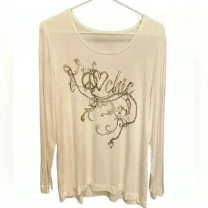 Chico’s Long Sleeve Graphic Tee Peace Top Womens Sz 2- Large Novelty Print